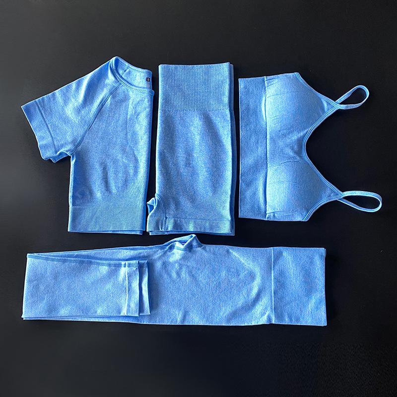 Yoga Outfit Seamless Sport Set Women Pink Two 2 Piece Crop Top T Shirt Shorts Sportsuit Workout Active Fitness Gym Sets-image-703490939