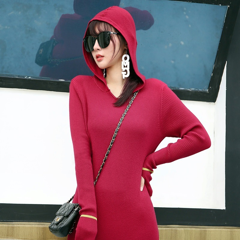 

Fashion Temperament Knitted Bottoming Sweater Women Autumn Winter Slim Casual Long Sleeved Hooded Pure Color Dress 210520, Khaki