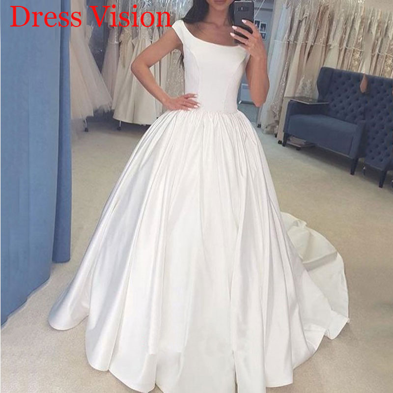 

Elegant Satin Scoop Neck Cap Sleeves Wedding Dresses Wedding Bridal Gowns Vestidos De Novia Robe De Marie, White