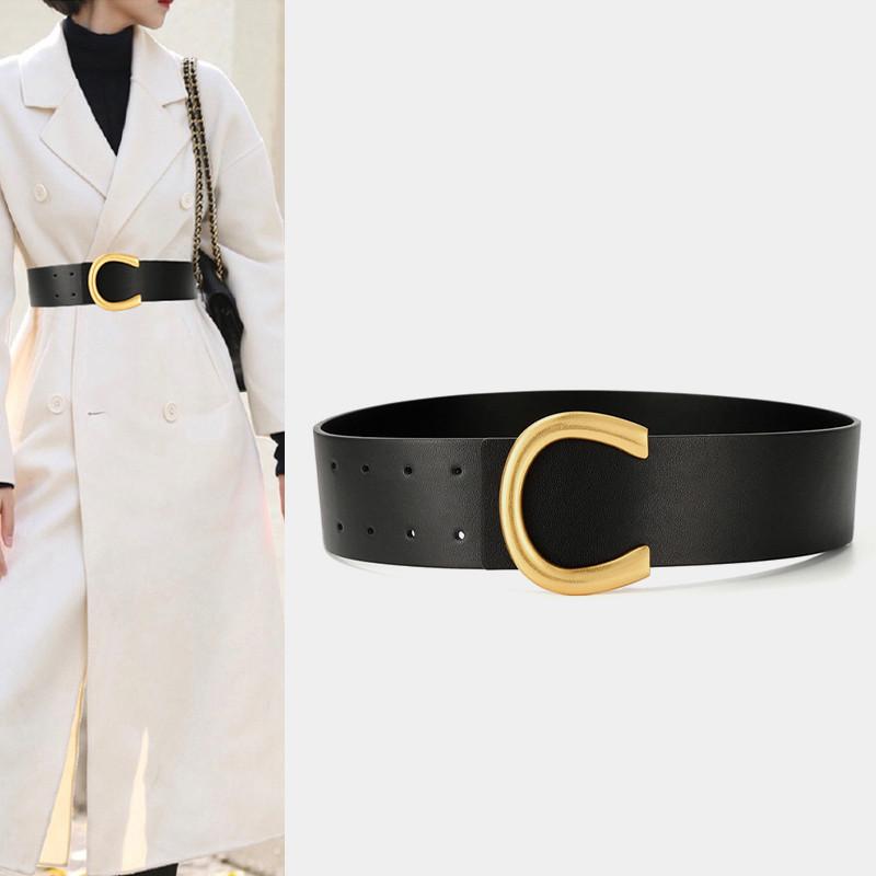 

Belts Luxury Genuine Leather Coat Decorate Lady Fashion Wide Vintage Weight Buckle Waist Strap Design Cowskin Belt Dress, Black;brown