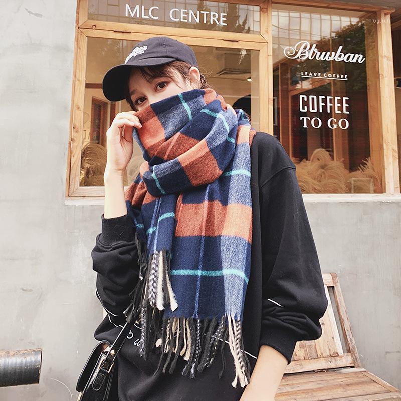 

Scarves Autumn Winter Women Scarf Knitted Tassel Plaid Keep Warm Red Blue WJ12, Blue;gray