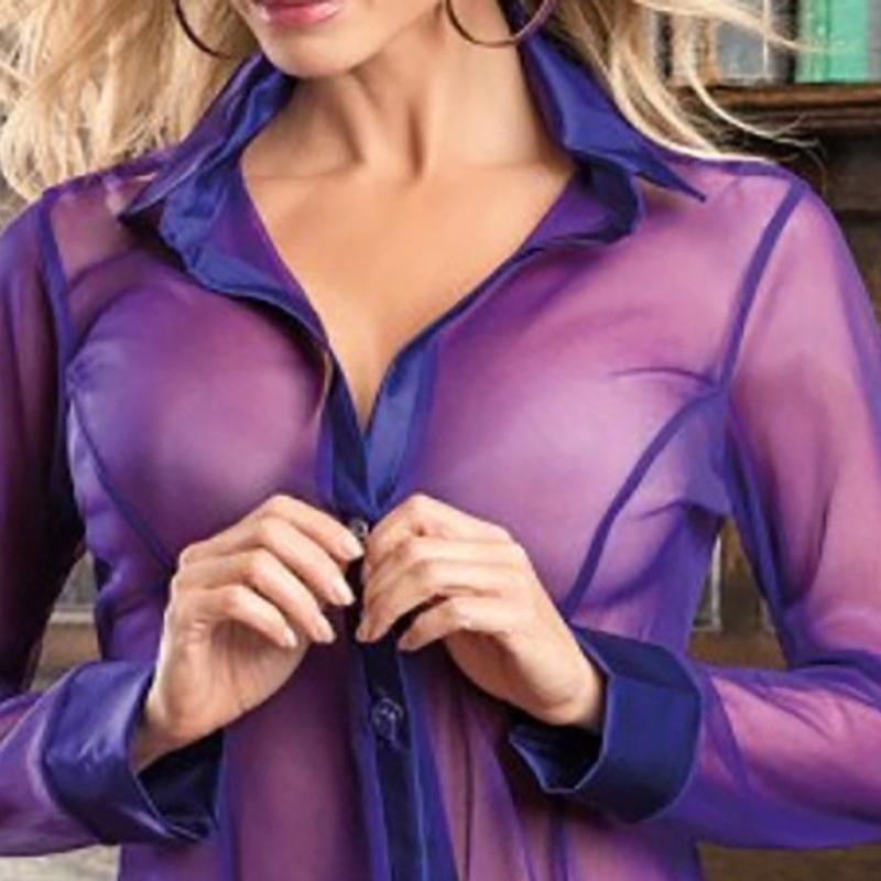 

Women's Blouses & Shirts Sexy Women See-Through Blouse Tunic Exotic Tops 2022 Ultrathin Mesh Transparent Red Long Sleeve Buttons Casual Blus, White