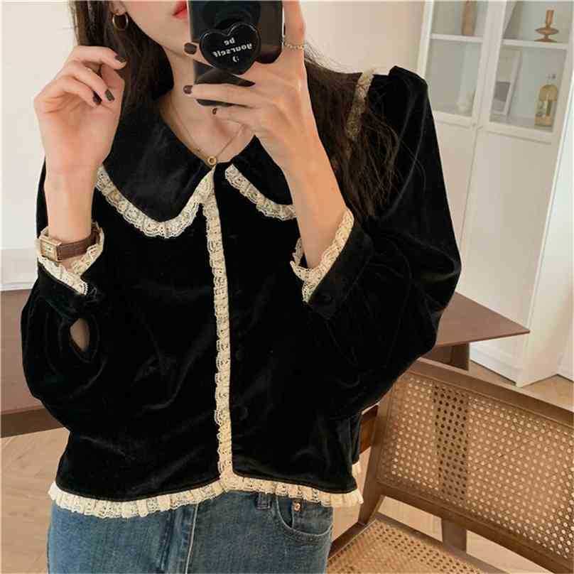 

Women Velvet Streetwear Office Lady Blouses Brief High Waist Chic Elegance Lace All Match Shirts Loose Tops 210525, Brown