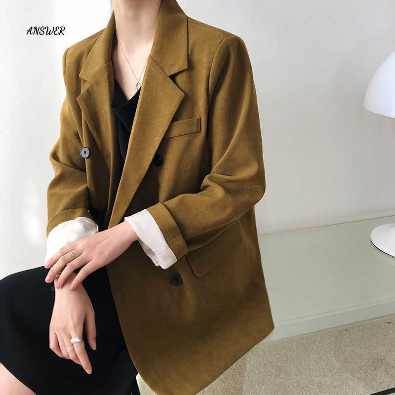 

Loose Outerwear Women Suit Jacket Autumn Winter Female Jacke Elegant Chic Single-breasted Blazer Femme 210607, Olive green