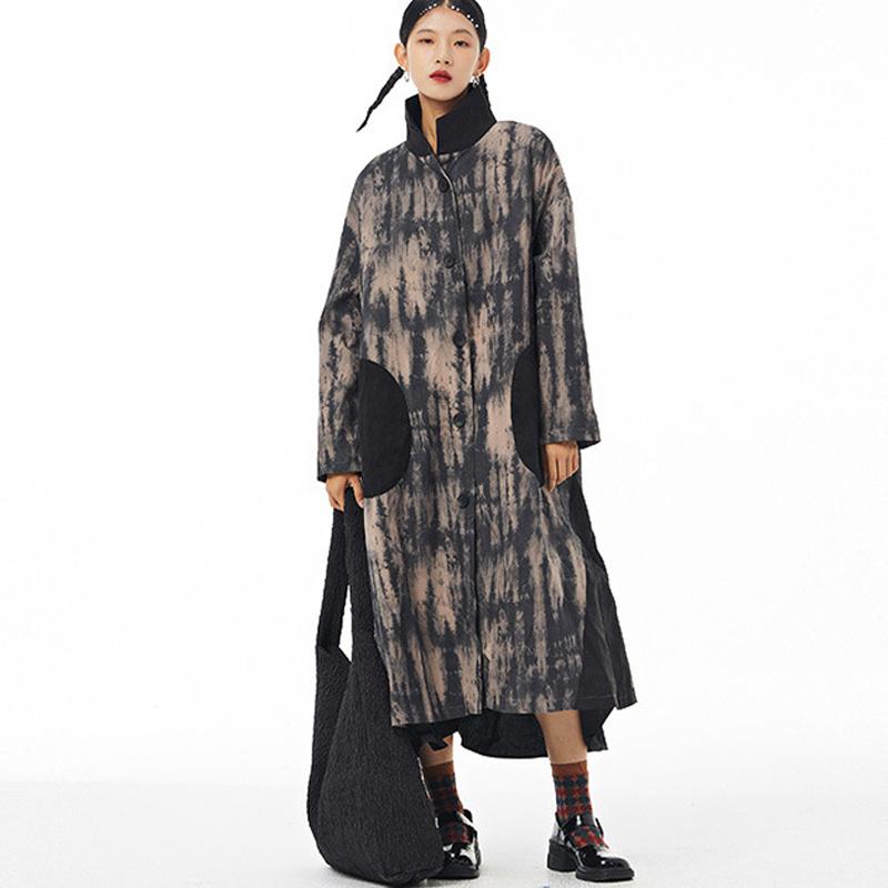 

Women's Trench Coats Johnature Fashion Streetwear Tie-dye Women 2021 Autumn Winter Turn-down Collar Pockets Button Long, Tan;black