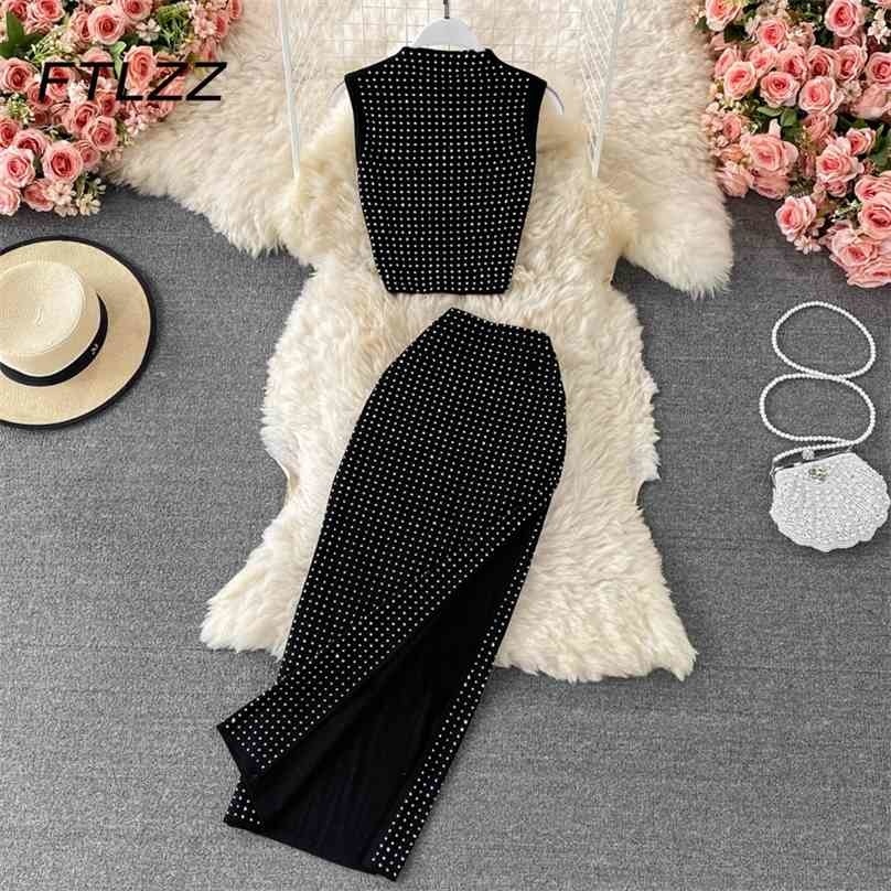 

Woman Sexy Club Party Two Piece Sets Clothing Summer Diamond Stand-up Collar Crop Tops High Waist Wrap Skirt Outfits Suits 210525, Black