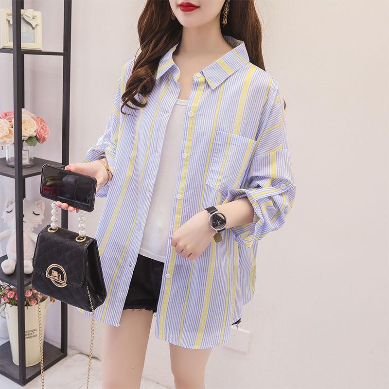 

Women' Blouses & Shirts Vintage Women 2021 Summer Korean Loose Long Sleeves Striped Tops Female Single Breasted Turn Down Collar S353, Blue
