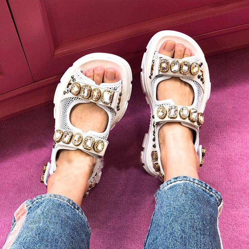 

European Designer Metallic Leather Crystal Sandals Flat Platform design loafers zapatos mujers Hook & Loop Studed Sports Shoes Summer casual mules roman sandal