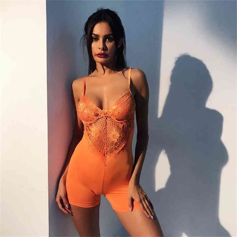 

Summer Women Sexy Bodysuits Autumn Fashion Lace Hollow Out Patchwork Orange Strap Backless Playsuits Romper Mesh Short s 210517, Beige