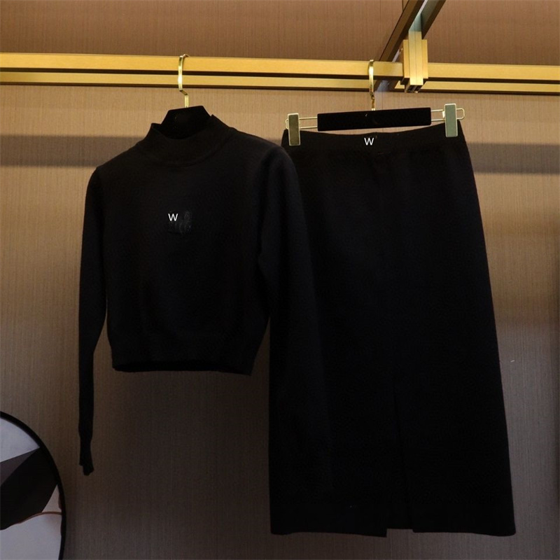 

Women Two Piece Dress With Letter Knitting Suit Female Long Sleeve Knitted Black Simple Two Sets Autumn Winter, Extra shipping cost