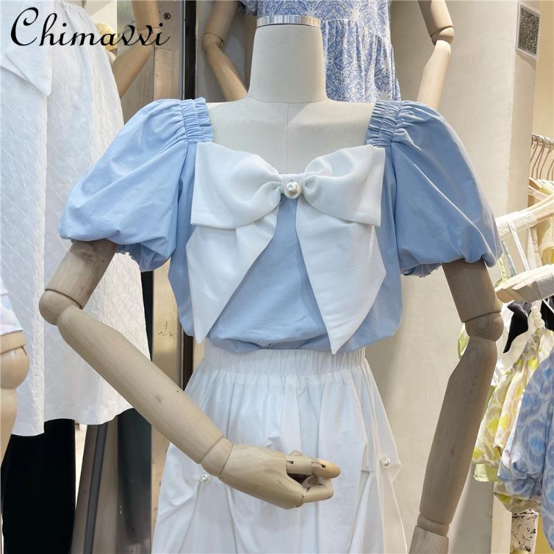 

Women's Blouses & Shirts All-match French Style Square Collar Fashion Bow Patchwork Color Contrasting Shirt Sweet Elegant Puff Sleeve Blouse, Blue