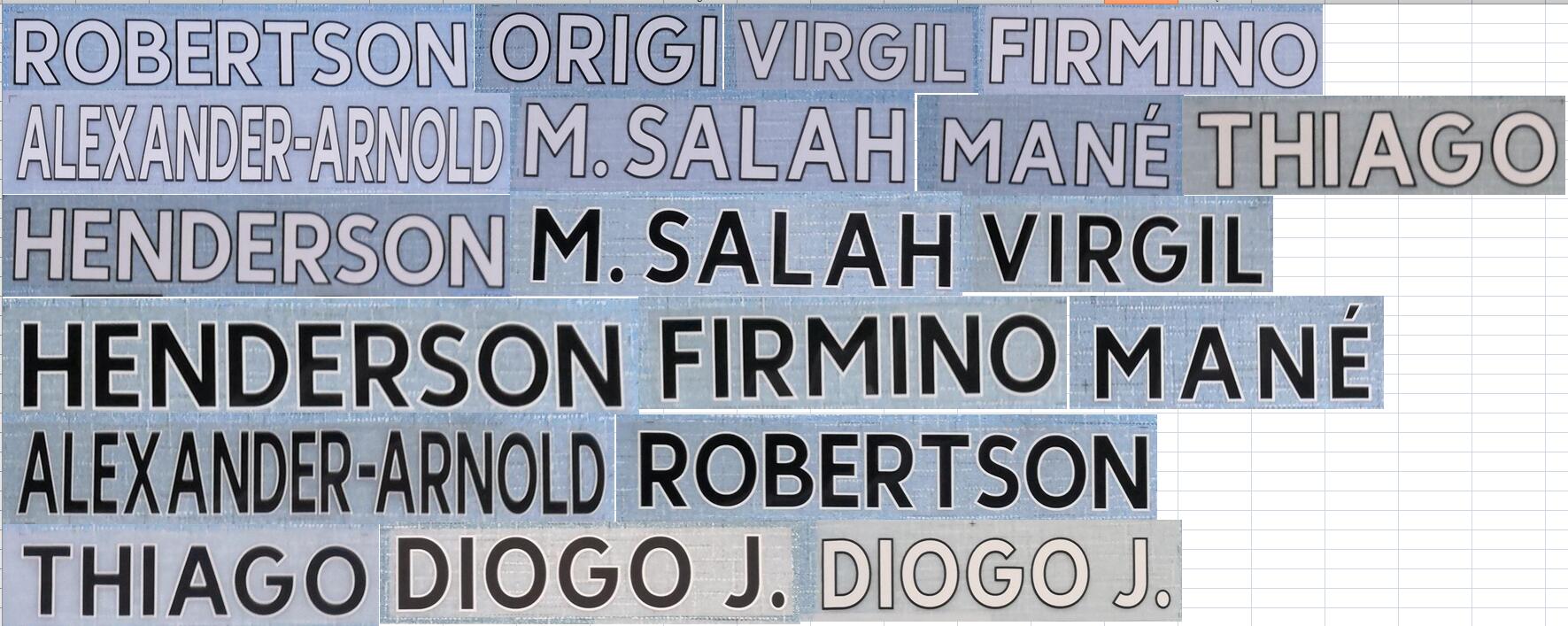 

19-21 home away FIRMINO MANE M.SALAH ALEXANDER-ARNOLD HENDERSON ROBERTSON THIAGO DIOGO J. nameset patch badge