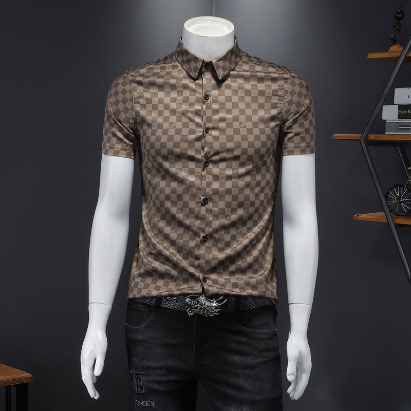 

Summer plaid printed short-sleeved shirt male handsome fashion casual self-cultivation all-match light cooked wind lapel top, White;black