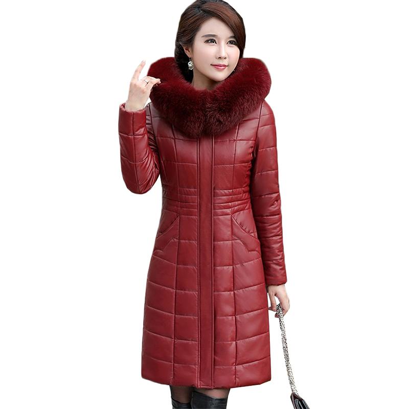 

Women's Leather & Faux 2021 Winter Coat Female Medium Long Parka Jacket Hooded Large Fur Collar High Quality Clothing Plus Size L-8XL, Black