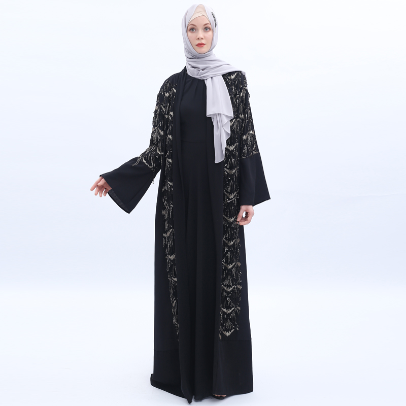 

Black Tassel Sequin Abaya Kimono Dubai Muslim Hijab Dress Turkey Kaftan Caftan Abayas For Women Islamic Clothing Robe Femme