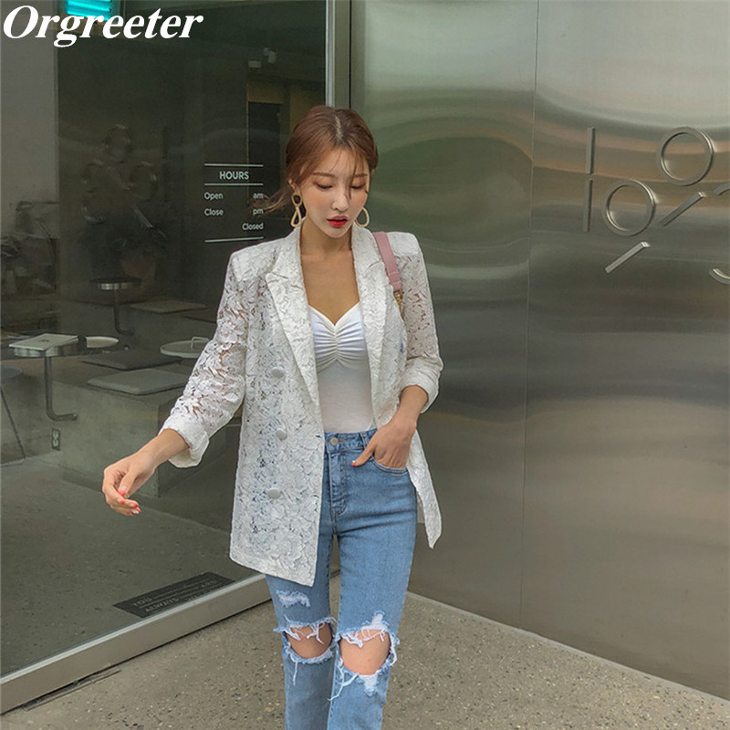 

Summer Korean Lace Jacket Women's Commuting Double-breasted Sunscreen Coat Notched collar Casual OL Outwear 210525, Black