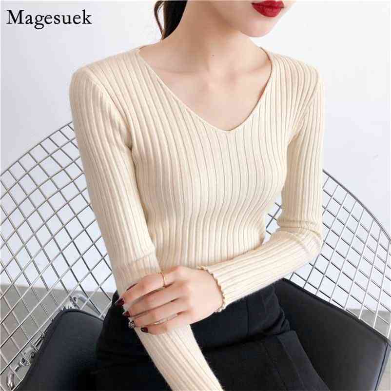 

V-neck Long Sleeve Bottoming Sweater Women Autumn and Winter Korean Style All-match Slim Pullover Casual 10309 210518, Black