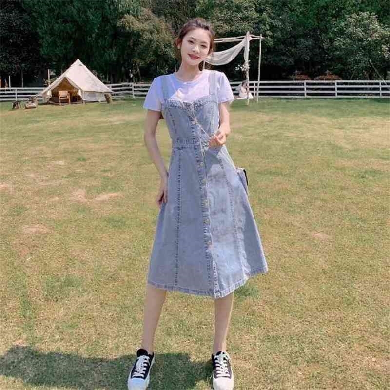 

Denim Suspender Dress Summer Single Breasted Y2k Jeans A-line Loose Long Sundress Blue Casual Dresses for Women Overalls 210604