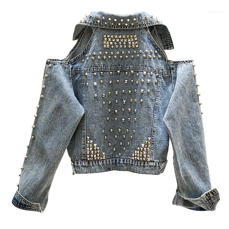 

Women' Jackets European Vintage Off Shoulder Jean Jacket Woman Rivet Loose Coat Long Sleeve Denim Sexy Streetwear1, Blue