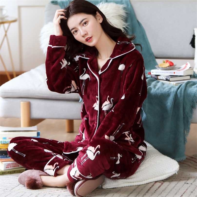 

Autumn Winter Women Flannel Pajamas Sets Girls Sleepwear Suit Thick Warm Pyjamas Soft Nightgown Female Cartoon Animal Pijamas 211106, Pink stitch