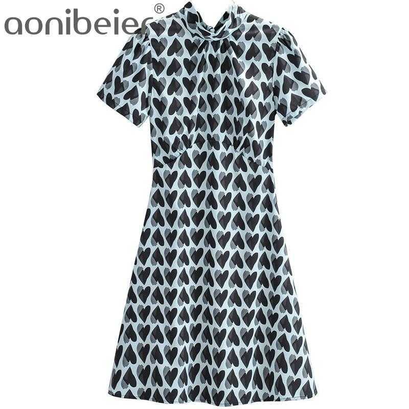 

Heart Print Puff Sleeve Half High Collar Women Casual Knee Length Dress Tie Back Waist Female Midi Summer 210604, As shown
