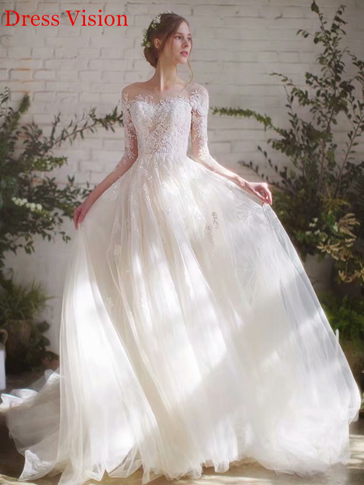 

Vestido De Noiva Wedding Dress Lace Appliques Three Quarter Sleeves Robe De Soiree Bride To Be, White