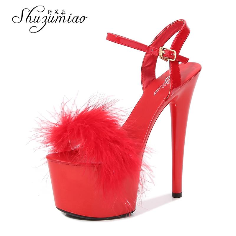 

Women Shoes Sexy Show Sandals 15 17 CM High Heels Platform Colors Ladies Girls Shoe For Party Club Fur Plus Size, Black