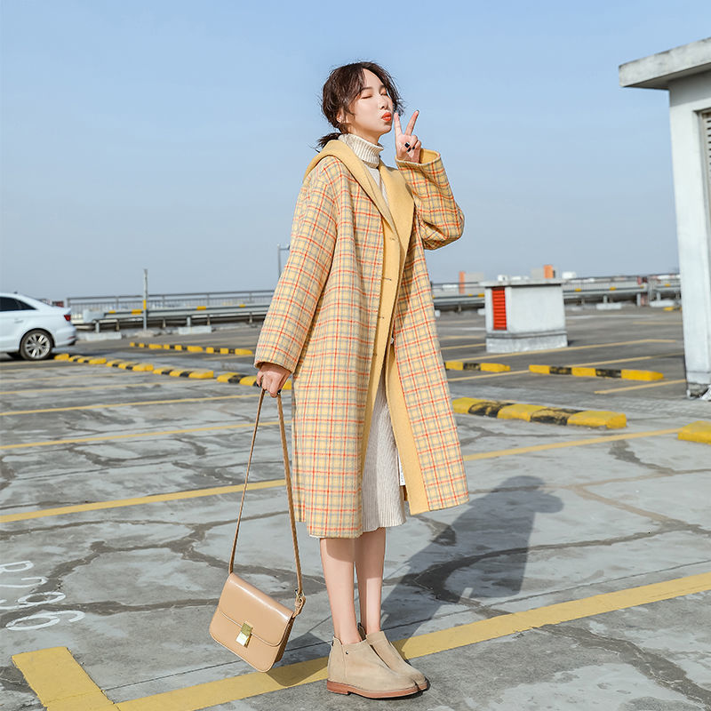 

women's wool & blends female wool chess mid-length korean version autumn and winter hepburn small thick coat c9sx, Black