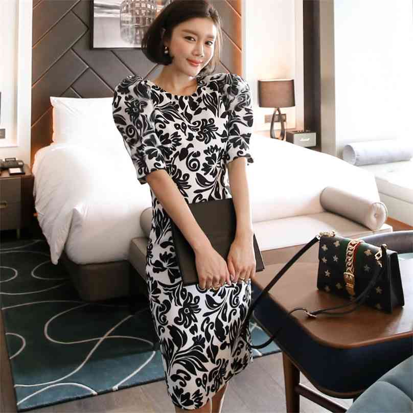 

elegant print korea ladies Summer Short Sleeve Crew neck Sexy Bodycon Office Party Dresses for women clothing 210602, The picture color