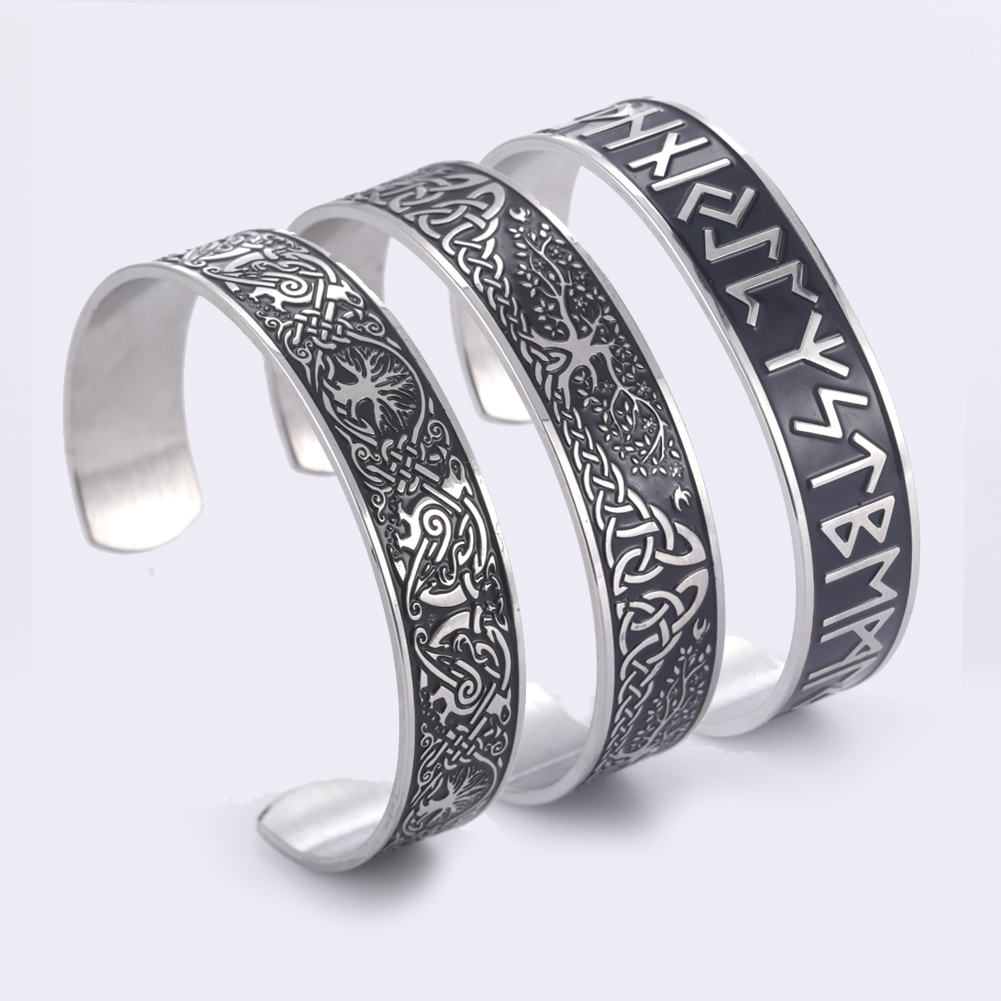 

Teamer Stainless Steel Nordic Viking Runes Bangle Wicca Amulet Vintage Tree of Life Cuff Bracelet Jewelry Gift for Men Women