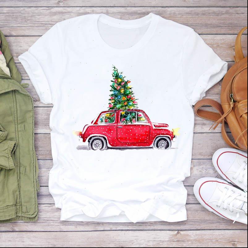 

Women Plaid Womens T Shirts Cartoon Car Tree Snow Year Cute Merry Christmas Print Tshirts Top Shirt Ladies Graphic Female, White
