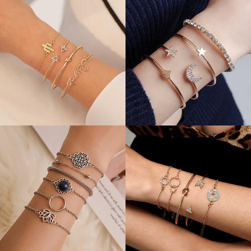 

Simple Star Moon Heart Charm Fashion Bracelet Arrow Circle Hollow Peach Blossom Gold Suit 2021 Bracelet Accessories for Women Q0719