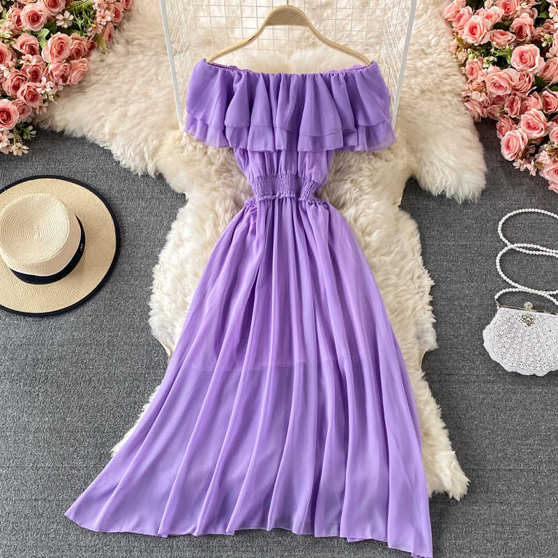 

Yellow/Purple/White Chiffon Dress Women Sexy Slash Neck Ruffle Robe Elegant Ruffle High Waist Vestidos Female Beach Vacation New Y0603, Black