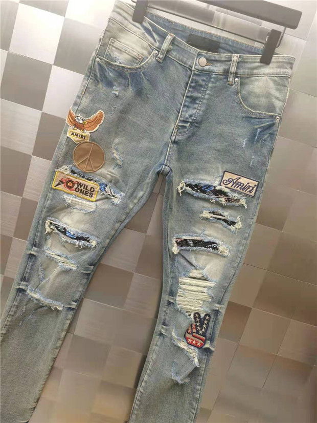 

New Design Winter Mens Jeans High Quality Designer Hole Colour Patch Spliced Ripped High Street Destroyed Denim Jeans US Size W28-W40, Blue