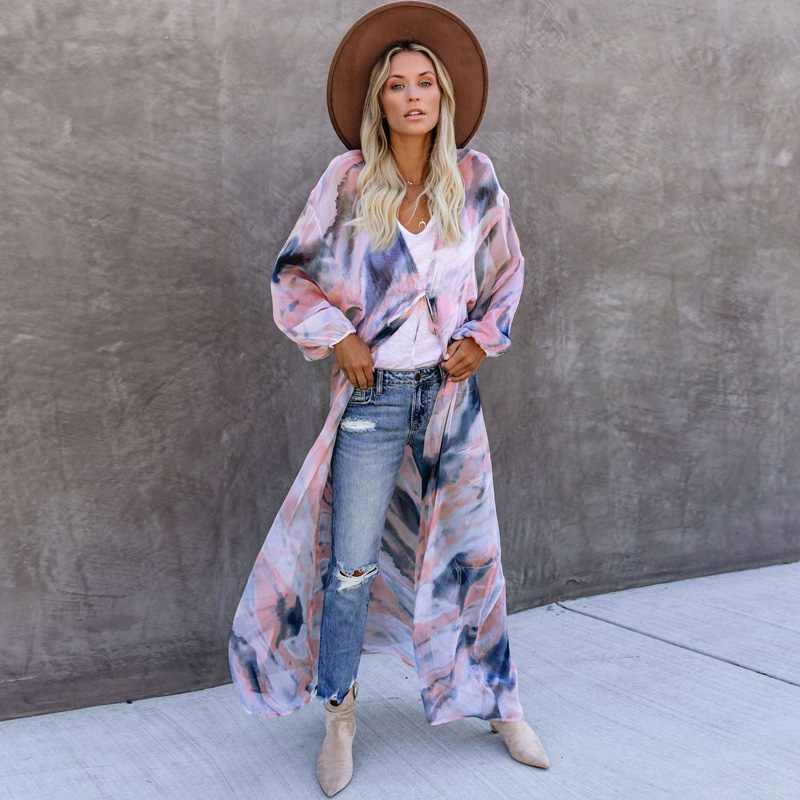 

Fitshinling Tie Dye Summer Beach Cover Up Swimwear Sheer Sexy Oversized Long Cardigan Women Bohemian Vintage Bikini Outing 2021