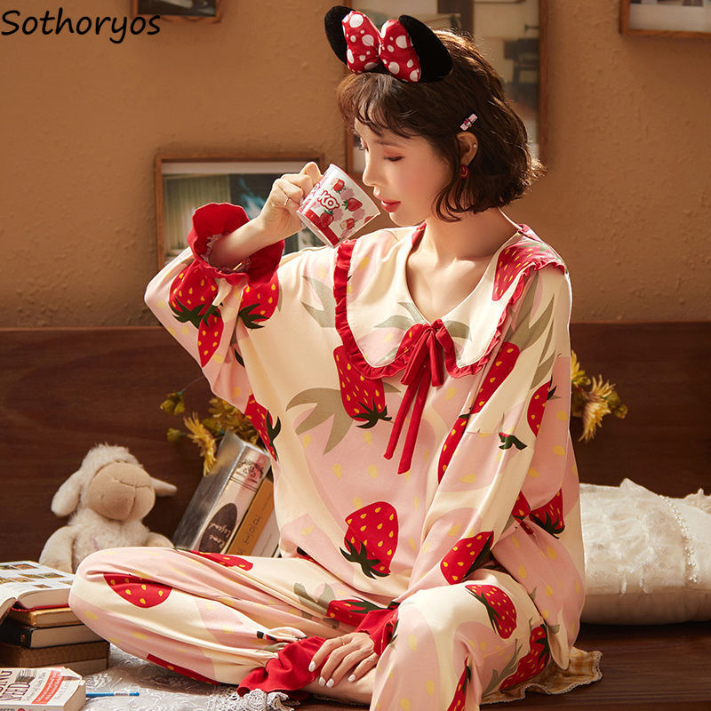 

2021Pajama Sets Women Cartoon Printed Princess Peter-pan Collar Korean-style Sweety Girls Homewear Pyjamas Kawaii Leisure Soft Daily, Black;red