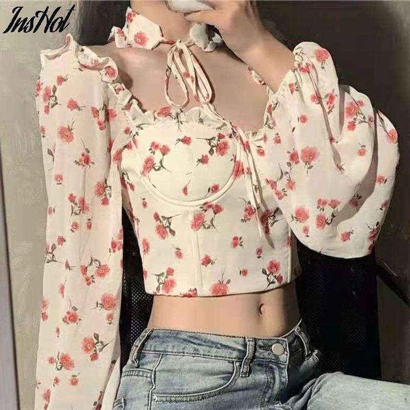 

Women's Blouses & Shirts 2021 Sexy Women Tops Gothic Floral Print Elegant Chiffon Blouse Long Sleeve Pink Lady Crop Clothing
