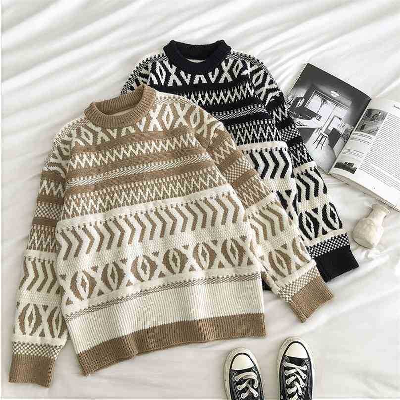 

Korean Argyle Swaeter Women Long Sleeved Auutmn Winter Loose Casual Oversized Pullover Tops Woman Knitted Swaeters 210525, Black