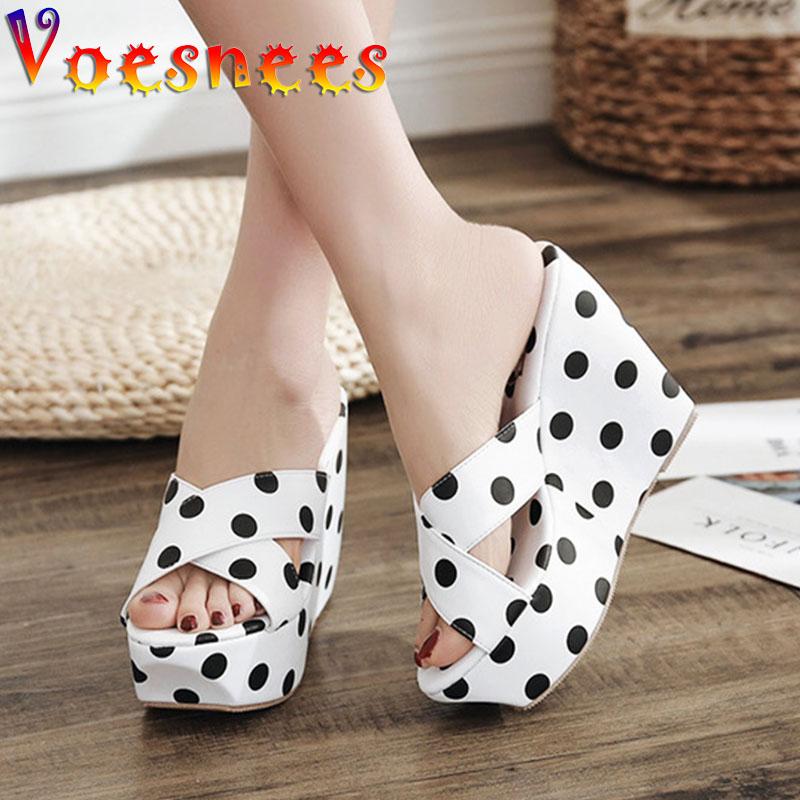 

Slippers Voesnees 2021 Tidal Polka Dot Pattern Women Sandal Fashion Cross Upper 11.5CM Wedges High Heels Summer Female Slipper Shoes, As picture shown