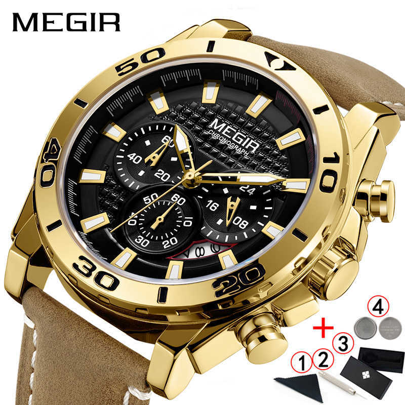 

Relogio Megir Watches Men Luxury Chronograph Wrist Watch Leather Golden s Top Brand Horloges Mannen 210707, Black