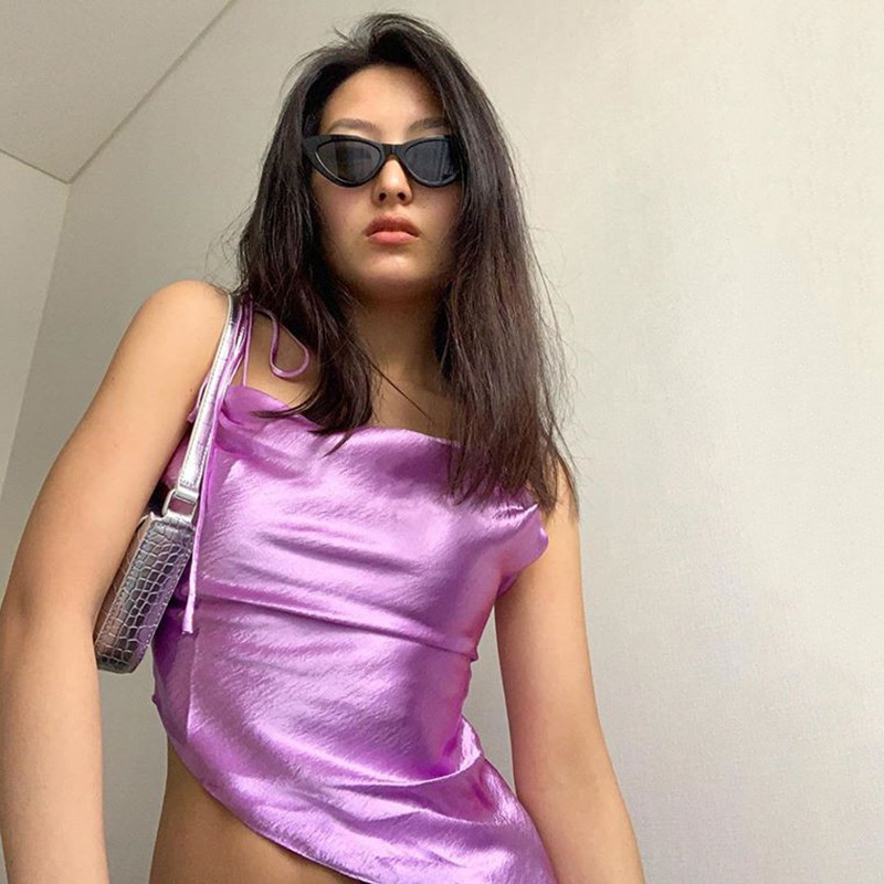 

Satin Sleeveless Camisole Crop Tops for Women Ruched Baless Cropped Feminino Straps Top Vest Crop Top Streetwearhigh quality, Apricot