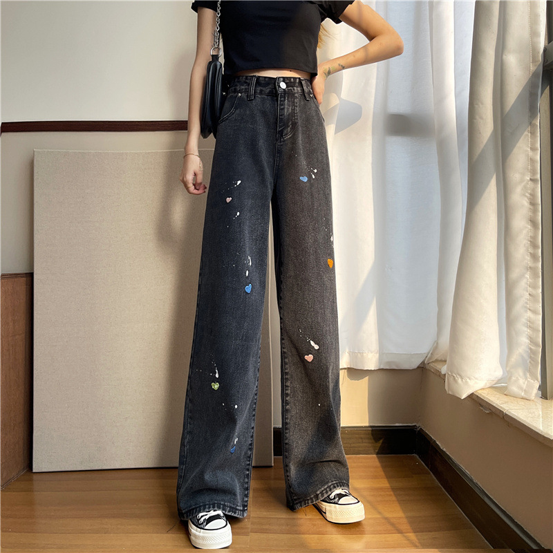 

Women's Jumpsuits & Rompers Spring and summer korean breech embroidered female breeches casual floor pants high waist women's straight students long-legged CCXH, 1# shoe box