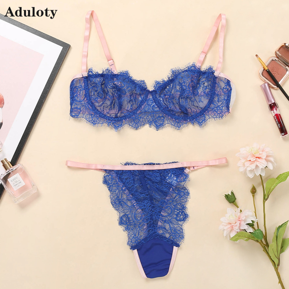 

Aduloty New womens sexy underwear set eyelashes lace hollow Underwire gather bra set mesh perspective ladies thong lingerie set, Red