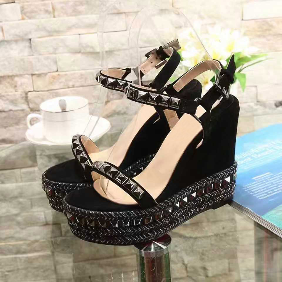 

Sexy Women High Heels Rivets Sandal Studs Wedge Platform Sandals Fashion Ladies Wedge Cataclou Sandals Spikes Rivets Studded Shoe with box, Black