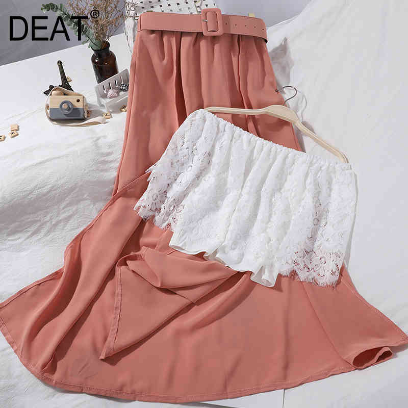 

Women Slash Neck Lace Sleeveless Split Long Pants Two Piece Set Temperament Fashion Spring Summer 11D389 210525, Black