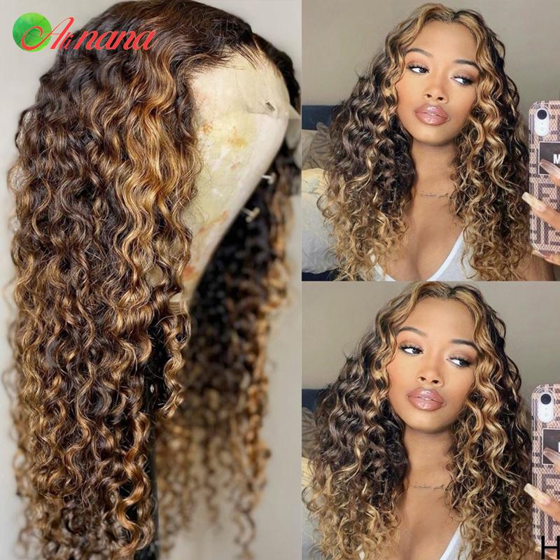 

Alinana 13x4 Lace Frontal Wig Ombre Highlights Blonde Color Deep Curly Human Hair Wigs 180% Density Bouncy Curls For Black Women, Natural color