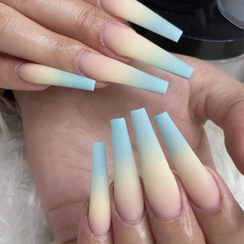 

24pcs Blue Yellow Ombre Nails French Ballerina Long Coffin Matte Fake Fingernails Press on Nail False Tips Manicure for Women and Girls