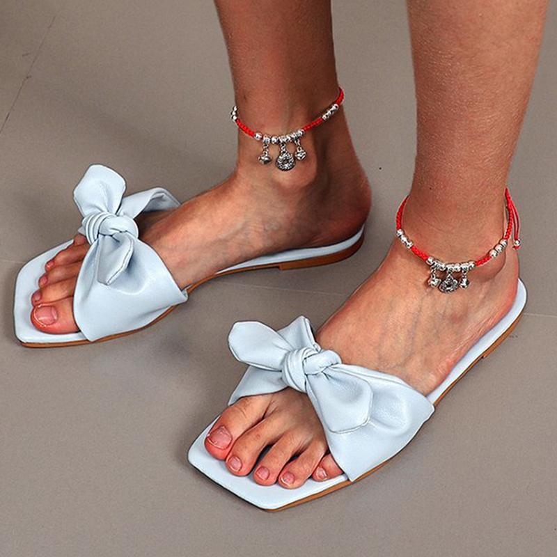 

Slippers Rimocy Fashion Bowtie Women Summer 2021 Square Toe Soft Bottom Beach Slides Woman Plus Size 44 Flat Heels Flip Flops, Blue
