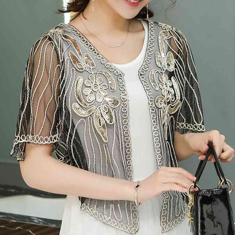 

Short Sleeve Blouse Women Summer Blouse Short Tops Women Blouses Woman V-neck Cardigan Hollow Lace Blouse Shirt Blusas C994 210602, Black-golden