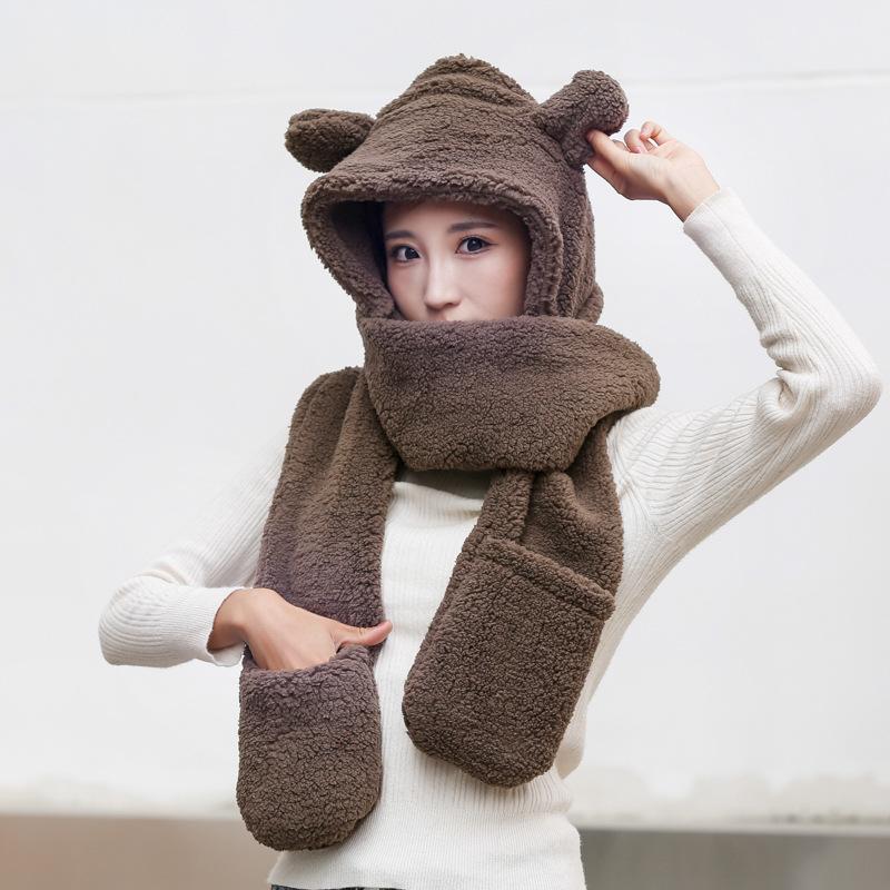 

Scarves 3 Piece Set Warm Cartoon Hat Hooded Scarf With Gloves Winter Thick Little Bear Mittens Three Plush All-match